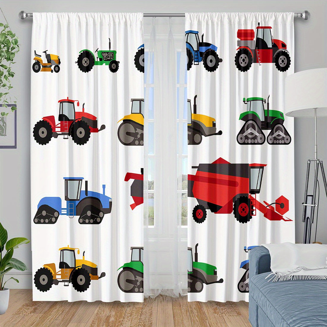 Agriculture Farming Vehicles - Cartoon Tractor Curtain Colorful Farm Machinery